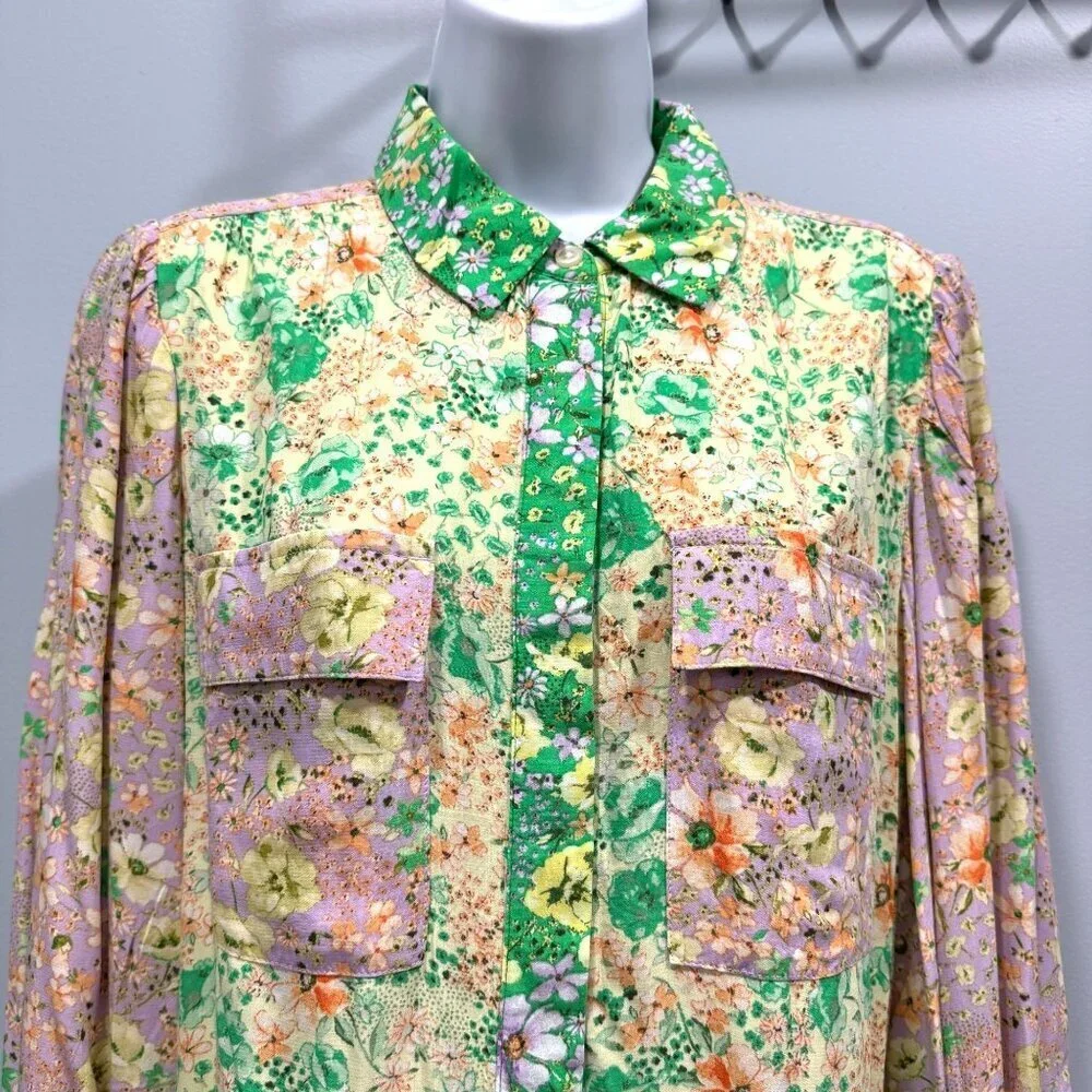 Loft Floral Patchwork Print Blouse Puff Sleeves Cottagecore Office Womens XS NWT